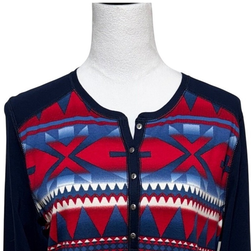 NEW Chaps Top Womens XL Blue Red Henley Southwestern Aztec Pullover Long Sleeve